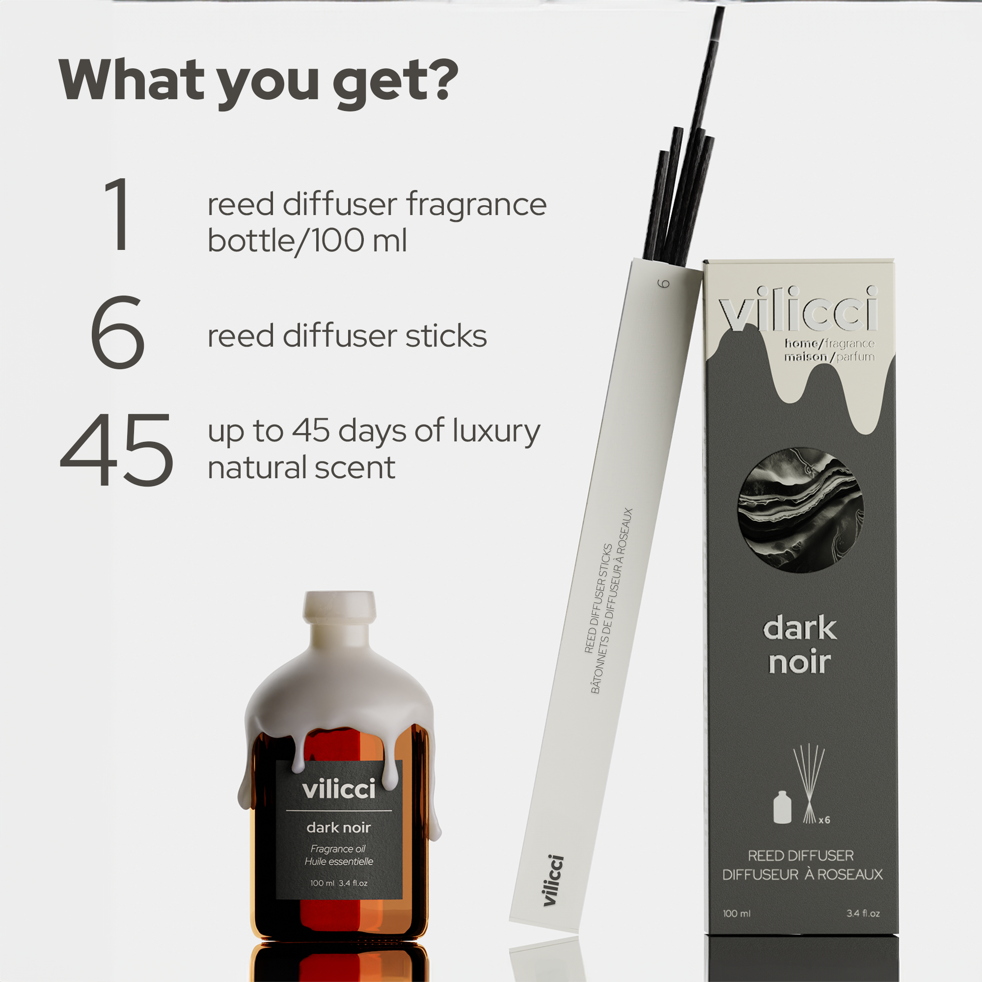 Vilicci Dark Noir home diffuser set with 100ml fragrance bottle, 6 reeds, and up to 45 days of scent